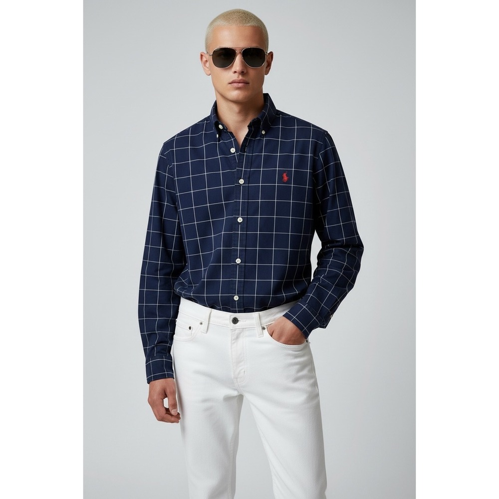 US Polo Assn Mens Medium Slim Fit Navy Blue Windowpane Check Button Down Shirt